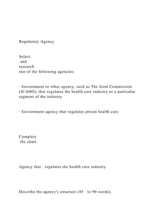 Regulatory Agency
Select
and
research
one of the following agencies:
· Government or other agency, such as The Joint Commission
(JCAHO), that regulates the health care industry or a particular
segment of the industry
· Government agency that regulates prison health care
Complete
the chart.
Agency that regulates the health care industry
Describe the agency's structure (45 to 90 words).
 