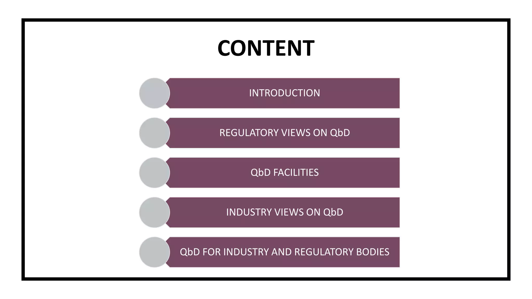CONTENT
INTRODUCTION
REGULATORY VIEWS ON QbD
QbD FACILITIES
INDUSTRY VIEWS ON QbD
QbD FOR INDUSTRY AND REGULATORY BODIES
 