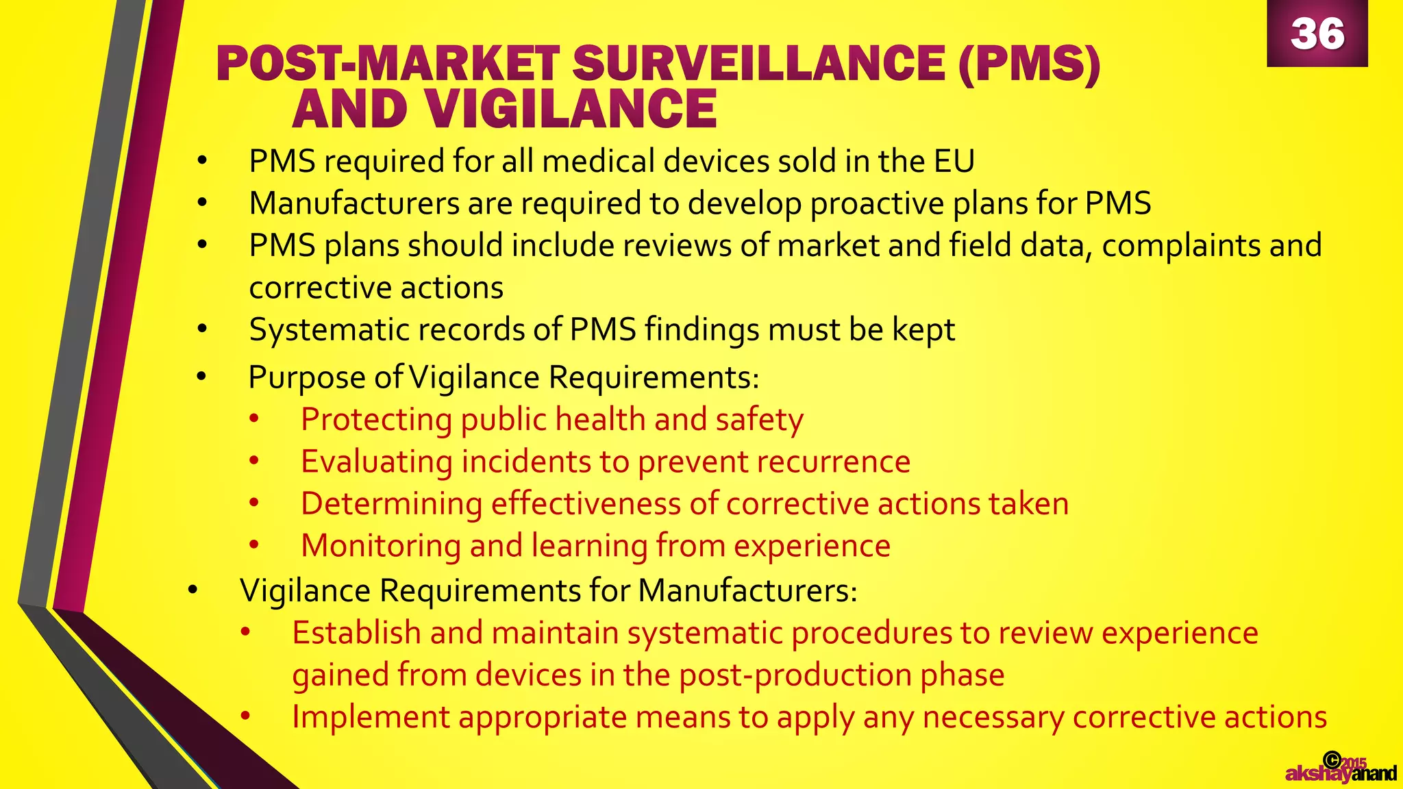 36
©2015
akshayanand
• PMS required for all medical devices sold in the EU
• Manufacturers are required to develop proactive plans for PMS
• PMS plans should include reviews of market and field data, complaints and
corrective actions
• Systematic records of PMS findings must be kept
• Purpose ofVigilance Requirements:
• Protecting public health and safety
• Evaluating incidents to prevent recurrence
• Determining effectiveness of corrective actions taken
• Monitoring and learning from experience
• Vigilance Requirements for Manufacturers:
• Establish and maintain systematic procedures to review experience
gained from devices in the post-production phase
• Implement appropriate means to apply any necessary corrective actions
 
