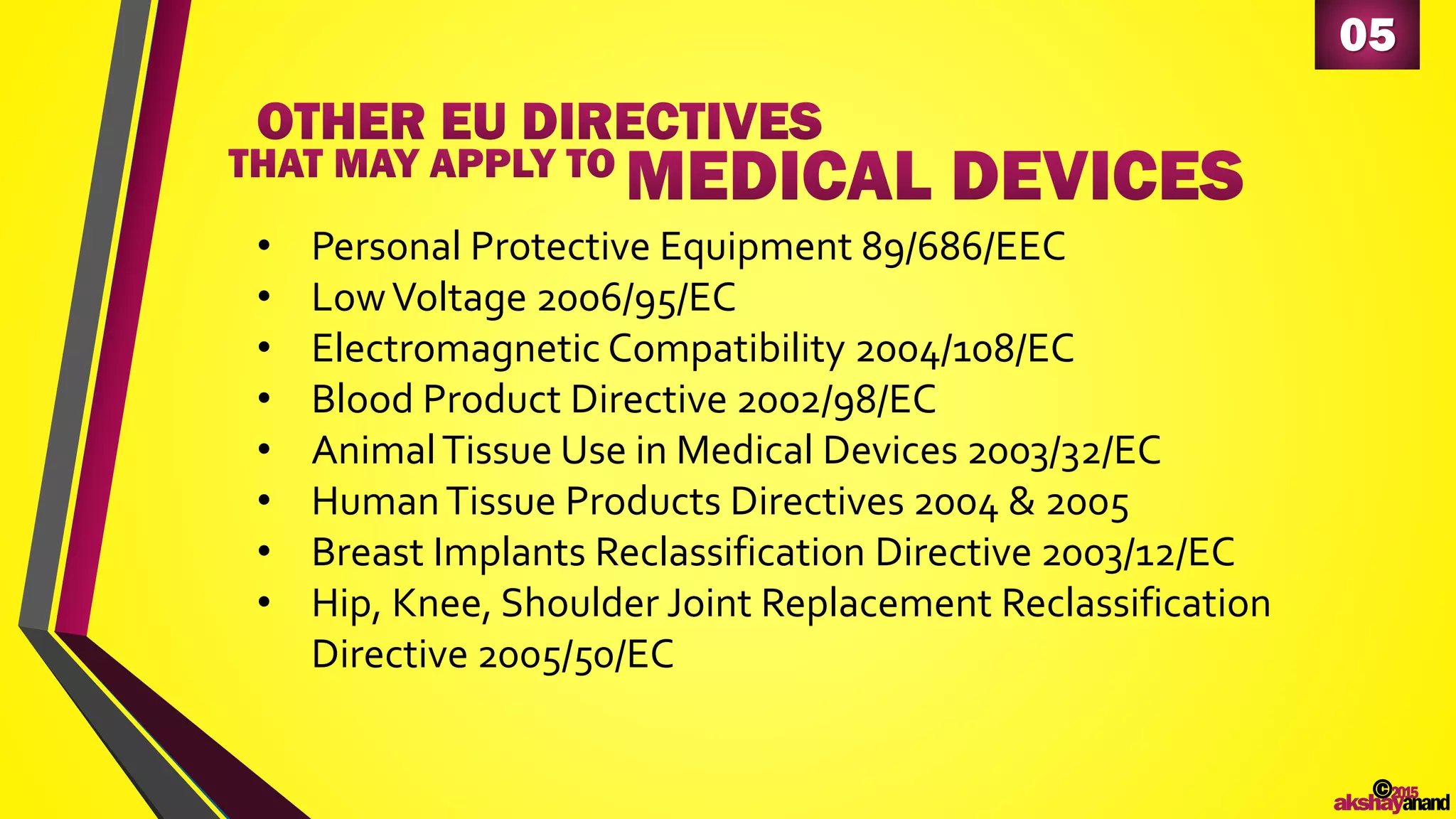 05
©2015
akshayanand
• Personal Protective Equipment 89/686/EEC
• LowVoltage 2006/95/EC
• Electromagnetic Compatibility 2004/108/EC
• Blood Product Directive 2002/98/EC
• AnimalTissue Use in Medical Devices 2003/32/EC
• HumanTissue Products Directives 2004 & 2005
• Breast Implants Reclassification Directive 2003/12/EC
• Hip, Knee, Shoulder Joint Replacement Reclassification
Directive 2005/50/EC
 
