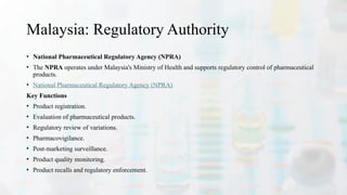 Malaysia: Regulatory Authority
• National Pharmaceutical Regulatory Agency (NPRA)
• The NPRA operates under Malaysia's Ministry of Health and supports regulatory control of pharmaceutical
products.
• National Pharmaceutical Regulatory Agency (NPRA)
Key Functions
• Product registration.
• Evaluation of pharmaceutical products.
• Regulatory review of variations.
• Pharmacovigilance.
• Post-marketing surveillance.
• Product quality monitoring.
• Product recalls and regulatory enforcement.
 