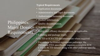 Philippines:
Major Dossier
Requirements
Typical Requirements
• Application documents.
• Administrative and legal documents.
• Authorization/licensing documents.
• Product information.
• Quality documentation.
• Stability data.
• Safety and efficacy documentation, as applicable.
• Labeling and package insert.
• ACTD or ICH CTD documentation where required.
• For certain facilitated registration pathways, the
Philippine FDA specifically requires a complete ICH
CTD or ACTD dataset along with other pathway-specific
documents.
 