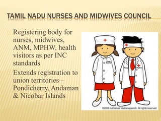 TAMIL NADU NURSES AND MIDWIVES COUNCIL
Registering body for
nurses, midwives,
ANM, MPHW, health
visitors as per INC
standa...
