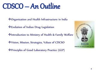CDSCO – An Outline
Organization and Health Infrastructure in India
Evolution of Indian Drug Legislation
Introduction to Ministry of Health & Family Welfare
Vision, Mission, Strategies, Values of CDCSO
Principles of Good Laboratory Practice (GLP)
4
 