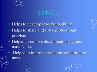 CONT…
• Helps to develop leadership ability
• Helps to share and solve professional
problem
• Helped to remove discrimination against
male Nurse
• Helped to improve economic condition for
nurse
 