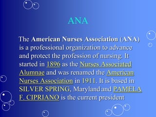 ANA
The American Nurses Association (ANA)
is a professional organization to advance
and protect the profession of nursing. It
started in 1896 as the Nurses Associated
Alumnae and was renamed the American
Nurses Association in 1911. It is based in
SILVER SPRING, Maryland and PAMELA
F. CIPRIANO is the current president
 