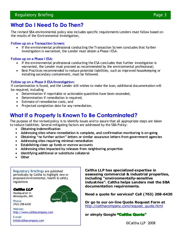Regulatory Briefing New SBA Environmental Policies And Procedures