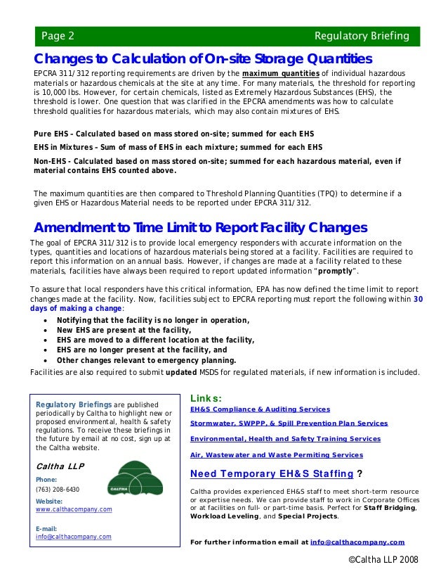 Regulatory Briefing Revision To EPCRA 311 312 Reporting Requirements