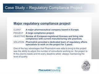 Case Study – Regulatory Compliance Project



    Major regulatory compliance project
    CLIENT      A major pharmaceutical company based in Europe.
    PROJECT     A large compliance project.
    OBJECTIVE Review all European-registered licenses and bring into
                compliance with current manufacturing site practices.
    SOLUTION Pharmalink provided a dedicated team of regulatory affairs
                specialists to work on the project for 3 years.
    One of the key advantages that Pharmalink was able to bring to the project
    was the ability to adjust the number of consultants working on the project to
    fit the client’s needs and hit every deadline whilst always maintaining the
    level of quality.
 