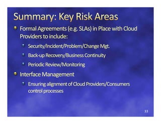 Formal Agreements (e.g. SLAs) in Place with Cloud 
Providers to include:
   Security/Incident/Problem/Change Mgt.
   Back‐up Recovery/Business Continuity
   Back‐ R
   B k             /B i      C ti it
   Periodic Review/Monitoring
Interface Management
   Ensuring alignment of Cloud Providers/Consumers 
   Ensuring alignment of Cloud Providers/Consumers
   control processes


                                                      33
 