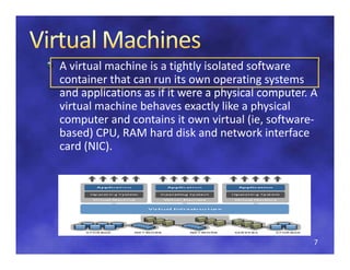 A virtual machine is a tightly isolated software 
container that can run its own operating systems 
                                   p      g y
and applications as if it were a physical computer. A 
virtual machine behaves exactly like a physical 
computer and contains it own virtual (ie, software‐
computer and contains it own virtual (ie software
based) CPU, RAM hard disk and network interface 
card (NIC).
     ( )




                                                    7
 