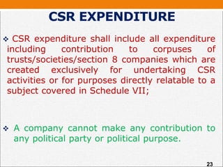  CSR expenditure shall include all expenditure
including contribution to corpuses of
trusts/societies/section 8 companies which are
created exclusively for undertaking CSR
activities or for purposes directly relatable to a
subject covered in Schedule VII;
 A company cannot make any contribution to
any political party or political purpose.
CSR EXPENDITURE
23
 