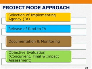 PROJECT MODE APPROACH
Selection of Implementing
Agency (IA)
Release of fund to IA
Documentation & Monitoring
Objective Evaluation
(Concurrent, Final & Impact
Assessment)
38
 