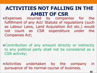 ACTIVITIES NOT FALLING IN THE
AMBIT OF CSR
Expenses incurred by companies for the
fulfillment of any Act/ Statute of regulations (such
as Labour Laws, Land Acquisition Act etc.) would
not count as CSR expenditure under the
Companies Act;
Contribution of any amount directly or indirectly
to any political party shall not be considered as a
CSR activity;
Activities undertaken by the company in
pursuance of its normal course of business.
40
 