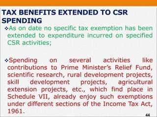 TAX BENEFITS EXTENDED TO CSR
SPENDING
As on date no specific tax exemption has been
extended to expenditure incurred on specified
CSR activities;
Spending on several activities like
contributions to Prime Minister’s Relief Fund,
scientific research, rural development projects,
skill development projects, agricultural
extension projects, etc., which find place in
Schedule VII, already enjoy such exemptions
under different sections of the Income Tax Act,
1961.
44
 