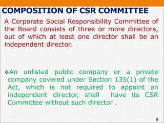 COMPOSITION OF CSR COMMITTEE
A Corporate Social Responsibility Committee of
the Board consists of three or more directors,
out of which at least one director shall be an
independent director.
An unlisted public company or a private
company covered under Section 135(1) of the
Act, which is not required to appoint an
independent director, shall have its CSR
Committee without such director .
8 9
 
