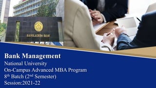 Bank Management
National University
On-Campus Advanced MBA Program
8th Batch (2nd Semester)
Session:2021-22
 