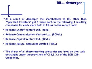 As a result of demerger the shareholders of RIL other than “Specified Investors” got 1 share each in the following 4 resulting companies for each share held in RIL as on the record date: Reliance Energy Venture Ltd. (REVL) Reliance Communication Venture Ltd. (RCOVL) Reliance Capital Venture Ltd. (RCVL) Reliance Natural Resources Limited (RNRL) The shares of all these resulting companies got listed on the stock exchanges under the provisions of Cl 8.5.3.1 of the SEBI (DIP) Guidelines. RIL… demerger 