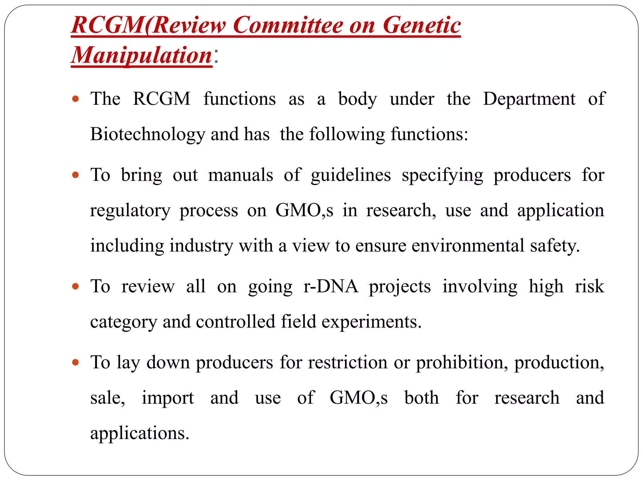 Rcgm Guidelines.pdf Regulatory frameworks for gmo,s in india | PPTX