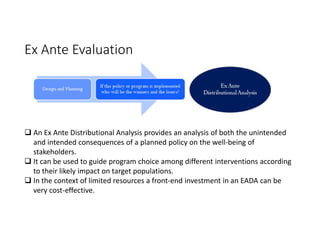 Ex Ante Evaluation
 An Ex Ante Distributional Analysis provides an analysis of both the unintended
and intended consequences of a planned policy on the well-being of
stakeholders.
 It can be used to guide program choice among different interventions according
to their likely impact on target populations.
 In the context of limited resources a front-end investment in an EADA can be
very cost-effective.
 
