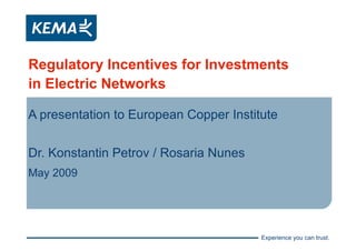 Regulatory Incentives for Investments  in Electric Networks  A presentation to European Copper Institute Dr. Konstantin Petrov / Rosaria Nunes May 2009 
