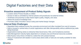 12
Digital Factories and their Data
Proactive assessment of Product Safety Signals
• Location where Product Quality is crafted
• Access to data is controlled by internal policies and procedures not external entities
• Timeliness and proximity to data means higher quality, integrity, and value
• Where the product knowledge lives
• Promotes safety innovation versus costly post-market design changes
Internal Data Challenges
• Regulated Data scattered across the corporate environment and often insulated from rest of company
• Data is housed in vertical silos of vendor applications with little interoperability without additional pay walls
being traversed.
• Organizations lacking clarity to enterprise Data Governance, Risk, and Compliance practices
• Data Management maturity highly dependent on company size and financial resources available
• Data Access many times is limited to a select few who posses licenses
• Heavy IT involvement still needed in some areas where skills or tools are not readily available for data
analysis
 