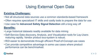 8
Using External Open Data
Existing Challenges:
• Not all structured data sources use a common standards-based framework
• Often requires specialized IT skills and costly tools to prepare the data for use
• Use case for Advanced Safety Signal Detection still a long way off
Benefits:
• Large historical datasets readily available for data mining
• Self-Service Data discovery, Analysis, and Visualization tools for Lay-Users
maturing rapidly. Vendor product eco-system is robust.
• ROI easier to demonstrate through efficient Proof-of-Concept use cases
• Can provide competitive advantage in some use cases where product
performance can be benchmarked.
 