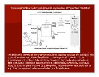 The taxonomic identity of the organism should be specified because any biological and
other information used should be relevant to the organism in question. If the
organism has not yet been fully named or described, then, to be determined as a
pest, it should at least have been shown to be identifiable, consistently to produce
injury to plants or plant products (e.g. symptoms, reduced growth rate, yield loss or
any other damage) and to be transmissible or able to disperse.
Risk assessments are a key component of international phytosanitary regulation
 