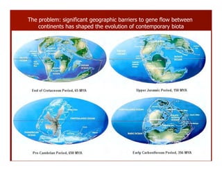 The problem: significant geographic barriers to gene flow between
continents has shaped the evolution of contemporary biota
 