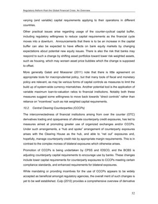 Regulatory Reform Post the Global Financial Crisis: An Overview 
varying (and variable) capital requirements applying to their operations in different 
countries. 
Other practical issues arise regarding usage of the counter-cyclical capital buffer, 
including regulatory willingness to reduce capital requirements as the financial cycle 
moves into a downturn. Announcements that there is to be an increase in the capital 
buffer can also be expected to have effects on bank equity markets by changing 
expectations about potential new equity issues. There is also the risk that banks may 
respond to such a change by shifting asset portfolios toward lower risk weighted assets, 
such as housing, which may worsen asset price bubbles which the change is supposed 
to offset. 
More generally Galati and Moessner (2011) note that there is little agreement on 
appropriate tools for macroprudential policy, but that many tools of fiscal and monetary 
policy are relevant, as may be various forms of capital controls as measures to limit the 
build up of system-wide currency mismatches. Another potential tool is the application of 
variable maximum loan-to-valuation ratios to financial institutions. Notably both these 
measures suggest some willingness to move back towards “direct controls” rather than 
reliance on “incentives” such as risk weighted capital requirements. 
10.2. Central Clearing Counterparties (CCCPs) 
The interconnectedness of financial institutions arising from over the counter (OTC) 
derivatives trading and opaqueness of ultimate counterparty credit exposures, has led to 
measures aimed at promoting greater use of organized exchanges and/or CCCPs. 
Under such arrangements, a “hub and spoke” arrangement of counterparty exposures 
arises with the Clearing House as the hub, and able to “net out” exposures and, 
hopefully, manage counterparty credit risk by appropriate margin requirements. This is in 
contrast to the complex morass of bilateral exposures which otherwise arises. 
Promotion of CCCPs is being undertaken by CPSS and IOSCO, and the BCBS is 
adjusting counterparty capital requirements to encourage use by banks. These changes 
include lower capital requirements for counterparty exposures to CCCPs meeting certain 
compliance standards, and enhanced requirements for bilateral exposures. 
While mandating or providing incentives for the use of CCCPs appears to be widely 
accepted as beneficial amongst regulatory agencies, the overall merit of such changes is 
yet to be well established. Culp (2010) provides a comprehensive overview of derivative 
32 
 