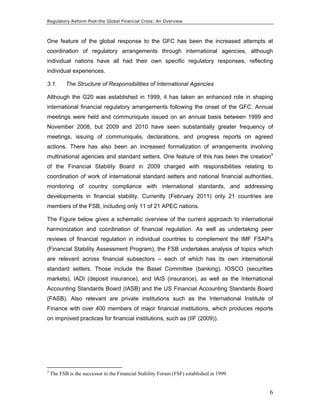 Regulatory Reform Post the Global Financial Crisis: An Overview 
One feature of the global response to the GFC has been the increased attempts at 
coordination of regulatory arrangements through international agencies, although 
individual nations have all had their own specific regulatory responses, reflecting 
individual experiences. 
3.1. The Structure of Responsibilities of International Agencies 
Although the G20 was established in 1999, it has taken an enhanced role in shaping 
international financial regulatory arrangements following the onset of the GFC. Annual 
meetings were held and communiqués issued on an annual basis between 1999 and 
November 2008, but 2009 and 2010 have seen substantially greater frequency of 
meetings, issuing of communiqués, declarations, and progress reports on agreed 
actions. There has also been an increased formalization of arrangements involving 
multinational agencies and standard setters. One feature of this has been the creation3 
of the Financial Stability Board in 2009 charged with responsibilities relating to 
coordination of work of international standard setters and national financial authorities, 
monitoring of country compliance with international standards, and addressing 
developments in financial stability. Currently (February 2011) only 21 countries are 
members of the FSB, including only 11 of 21 APEC nations. 
The Figure below gives a schematic overview of the current approach to international 
harmonization and coordination of financial regulation. As well as undertaking peer 
reviews of financial regulation in individual countries to complement the IMF FSAP’s 
(Financial Stability Assessment Program), the FSB undertakes analysis of topics which 
are relevant across financial subsectors – each of which has its own international 
standard setters. Those include the Basel Committee (banking), IOSCO (securities 
markets), IADI (deposit insurance), and IAIS (insurance), as well as the International 
Accounting Standards Board (IASB) and the US Financial Accounting Standards Board 
(FASB). Also relevant are private institutions such as the International Institute of 
Finance with over 400 members of major financial institutions, which produces reports 
on improved practices for financial institutions, such as (IIF (2009)). 
6 
3 The FSB is the successor to the Financial Stability Forum (FSF) established in 1999. 
 