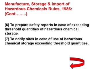 Manufacture, Storage & Import of
Hazardous Chemicals Rules, 1986:
(Cont……..)

(6) To prepare safety reports in case of exceeding
threshold quantities of hazardous chemical
storage.
(7) To notify sites in case of use of hazardous
chemical storage exceeding threshold quantities.
 