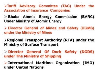 Tariff Advisory Committee (TAC) Under the
Association of Insurance Companies
 Bhaba Atomic Energy Commission (BARC)
Under Ministry of Atomic Energy
 Director General of Mines and Safety (DGMS)
under the Ministry of Mines

Regional Transport Authority (RTA) under the
Ministry of Surface Transport
 Director General Of Dock Safety (DGDS)
under The Ministry of Shipping
 International Maritime Organization (IMO)
under United Nations
 