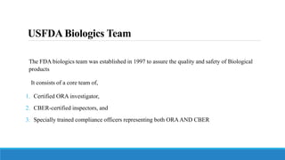 USFDA Biologics Team
The FDA biologics team was established in 1997 to assure the quality and safety of Biological
products
It consists of a core team of,
1. Certified ORA investigator,
2. CBER-certified inspectors, and
3. Specially trained compliance officers representing both ORAAND CBER
 