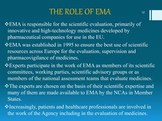 THE ROLE OF EMA
EMA is responsible for the scientific evaluation, primarily of
innovative and high-technology medicines developed by
pharmaceutical companies for use in the EU.
EMA was established in 1995 to ensure the best use of scientific
resources across Europe for the evaluation, supervision and
pharmacovigilance of medicines.
Experts participate in the work of EMA as members of its scientific
committees, working parties, scientific advisory groups or as
members of the national assessment teams that evaluate medicines.
The experts are chosen on the basis of their scientific expertise and
many of them are made available to EMA by the NCAs in Member
States.
Increasingly, patients and healthcare professionals are involved in
the work of the Agency including in the evaluation of medicines.
12
 