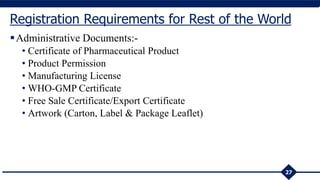 Administrative Documents:-
• Certificate of Pharmaceutical Product
• Product Permission
• Manufacturing License
• WHO-GMP Certificate
• Free Sale Certificate/Export Certificate
• Artwork (Carton, Label & Package Leaflet)
27
Registration Requirements for Rest of the World
 