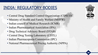 • Central Drug Standard Control Organization (CDSCO)
• Ministry of Health and Family Welfare (MHFW)
• Indian council of Medical Research (ICMR)
• Indian Pharmaceutical Association (IPA)
• Drug Technical Advisory Board (DTAB)
• Central Drug Testing Laboratory (CDTL)
• Indian Pharmacopoeia Commission (IPC)
• National Pharmaceutical Pricing Authority (NPPA)
30
INDIA: REGULATORY BODIES
 