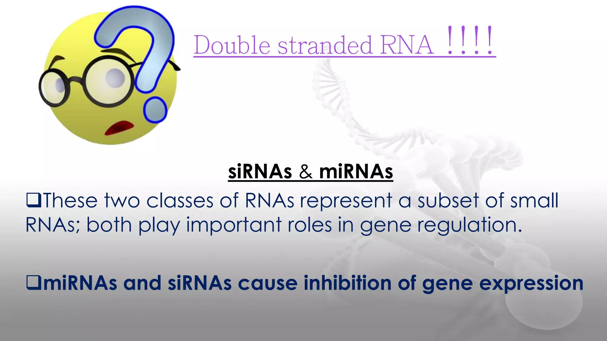 siRNAs & miRNAs
These two classes of RNAs represent a subset of small
RNAs; both play important roles in gene regulation.
miRNAs and siRNAs cause inhibition of gene expression
 