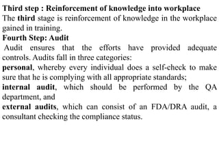 Third step : Reinforcement of knowledge into workplace
The third stage is reinforcement of knowledge in the workplace
gained in training.
Fourth Step: Audit
Audit ensures that the efforts have provided adequate
controls. Audits fall in three categories:
personal, whereby every individual does a self-check to make
sure that he is complying with all appropriate standards;
internal audit, which should be performed by the QA
department, and
external audits, which can consist of an FDA/DRA audit, a
consultant checking the compliance status.
 
