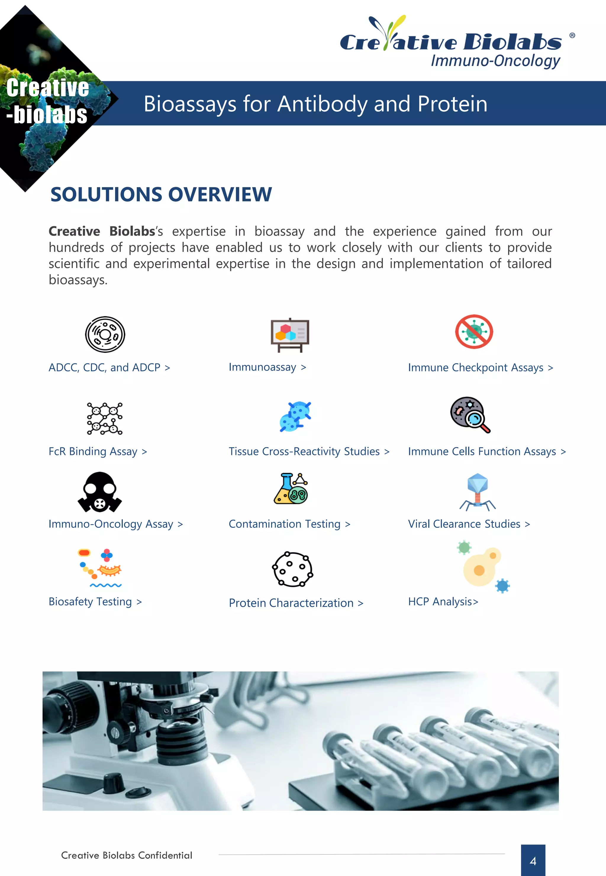 Creative
-biolabs
SOLUTIONS OVERVIEW
Creative Biolabs’s expertise in bioassay and the experience gained from our
hundreds of projects have enabled us to work closely with our clients to provide
scientific and experimental expertise in the design and implementation of tailored
bioassays.
ADCC, CDC, and ADCP > Immunoassay > Immune Checkpoint Assays >
FcR Binding Assay > Tissue Cross-Reactivity Studies > Immune Cells Function Assays >
Immuno-Oncology Assay > Contamination Testing > Viral Clearance Studies >
Biosafety Testing > Protein Characterization > HCP Analysis>
Bioassays for Antibody and Protein
Creative Biolabs Confidential
4