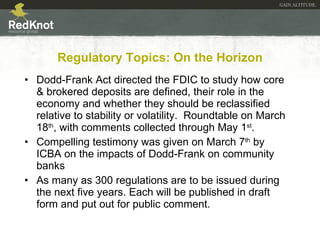 Regulatory Topics: On the Horizon <ul><li>Dodd-Frank Act directed the FDIC to study how core & brokered deposits are defin...