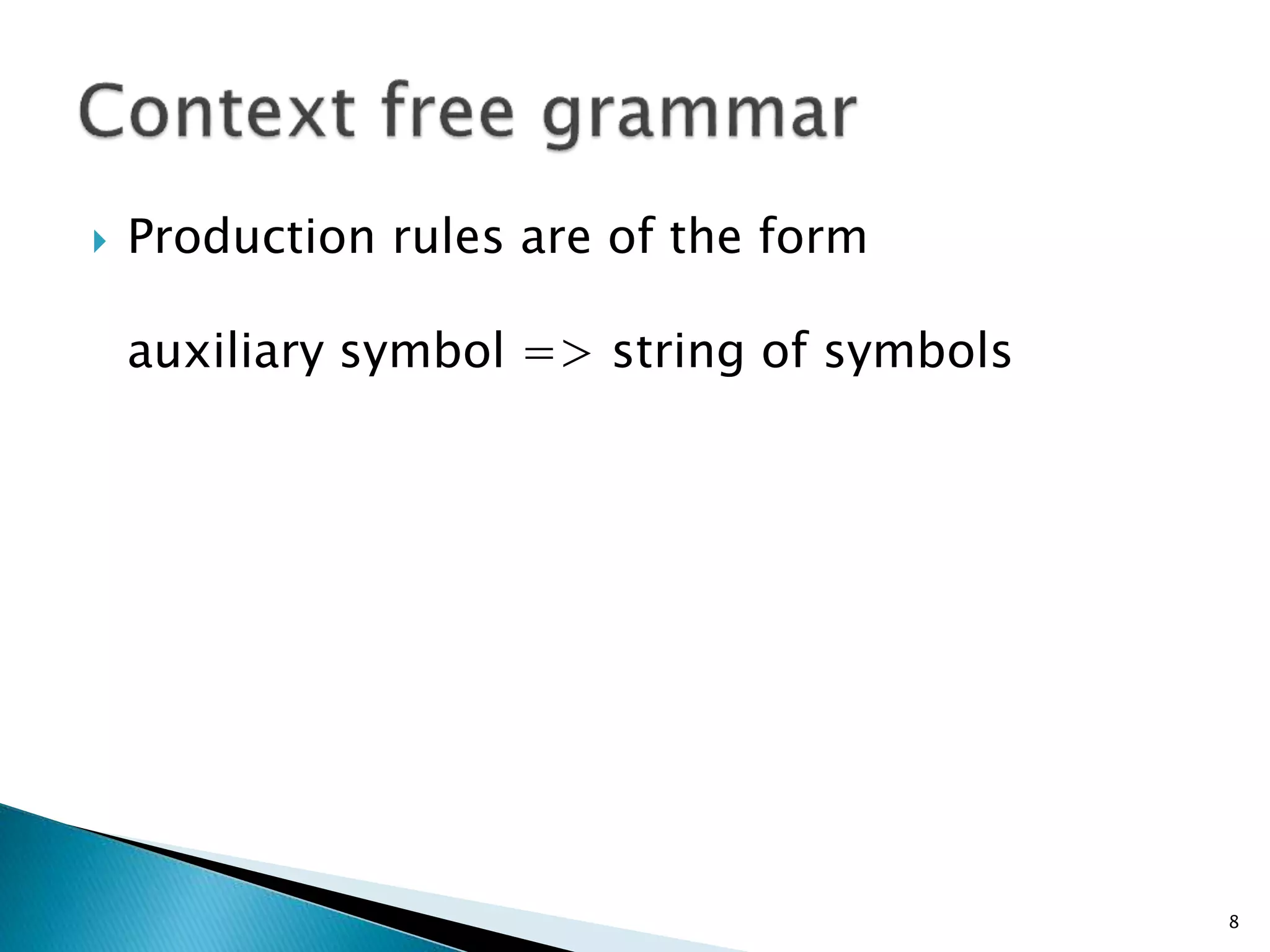  Production rules are of the form
auxiliary symbol => string of symbols
8