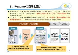 4Copyright©2019 NTT corp. All Rights Reserved.
３．Regumoの⽬的と狙い
 本研究では、テスト⾃動化の課題を解決するため、動作システムやプログラムを
解析してシステムの仕様を復元し、実⾏可能なテストスクリプトを⾃動⽣成する
技術を実現する。
 これにより、テスト結果確認の作業だけでなく、テスト設計・実装の領域まで⾃
動化範囲を拡⼤し、開発全体の⽣産性の向上と品質の底上げを⽬指す。
Regumo
動作システム
<HTML>
<HEAD>
#CONFIG
Param1=あいうえお
public class Hello{
public static void
main(String[] args){
System.out.
println
("Hello, world.");
}
}
プログラム
システムの仕様
テストスクリプト
Input
テスト設計／テスト実装 テスト
結果確認
テスト
実施
テスト実⾏
⾃動化ツール
(市中技術活⽤)
UIレイアウト
テスト技術
（NTT技術）
実⾏可能なテストスクリプトを
復元した仕様から⾃動⽣成（課題①、②）
Output
ソフトウェア解析による
システム仕様の⾃動復元（課題③）
 