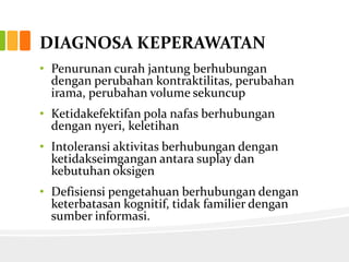 DIAGNOSA KEPERAWATAN
• Penurunan curah jantung berhubungan
  dengan perubahan kontraktilitas, perubahan
  irama, perubahan volume sekuncup
• Ketidakefektifan pola nafas berhubungan
  dengan nyeri, keletihan
• Intoleransi aktivitas berhubungan dengan
  ketidakseimgangan antara suplay dan
  kebutuhan oksigen
• Defisiensi pengetahuan berhubungan dengan
  keterbatasan kognitif, tidak familier dengan
  sumber informasi.
 