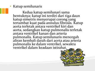 • Katup semilunaris
       Kedua katup semilunari sama
 bentuknya; katup ini terdiri dari tiga daun
 katup simetris menyerupai corong yang
 tertambat kuat pada annulus fibrosis. Katup
 aorta terletak antara ventrikel kiri dan
 aorta, sedangkan katup pulmonalis terletak
 antara ventrikel kanan dan arteria
 pulmonalis. Katup semilunaris mencegah
 aliran kembali darah dari aorta atau arteria
 pulmonalis ke dalam ventrikel, sewaktu
 ventrikel dalam keadaan istirahat.
 
