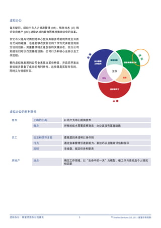 虚拟办公

毫无疑问，组织中在人力资源管理 (HR)、信息技术 (IT) 和
企业房地产 (CRE) 功能之间的联合思维将推动文化的变革。

但它不只是与试图创造中心型业务服务功能的传统企业孤
岛之间的碰撞，也是能够改变我们的工作方式并能找到新
方法的创新。其重叠领域正是创新的关键所在，因 为公司
知道他们可以改变基础设施、公司行为和核心业务以及工




                                       际
作流程。




                                                                              虚
                                       实




                                                                                拟
                                                       基础设施
                                           办公楼和
朝向虚拟化发展的公司会表现出某些特征，并且已开发出                  工作空间
                                                                  信息和通信技术

新技能并具备了成功的有利条件。这些既是实际存在的，
同时又与情感有关。                                               工作

                                                  行为             流程




                                                       组织和员工




                                                        心 理



虚拟办公的有利条件

技术        正确的工具          以用户为中心提供技术

          瘦身             所有的技术需要迁移到云 - 办公室没有基础设施



员工        远见和领导才能        最高层的承诺和以身作则

          行为             通过变革管理引进新能力、新技巧以及绩效评估和指导

          流程             非线型，规定任务和职责



房地产       地点             确定工作领域，以“生命中的一天”为模型，使工作与活动及个人情况
                         相匹配




虚拟办公：衡量灵活办公的益处                     5                   © Unwired Ventures Ltd, 2011 保留所有权利
 