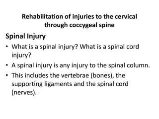 Rehabilitation of injuries to the cervical
through coccygeal spine
Spinal Injury
• What is a spinal injury? What is a spinal cord
injury?
• A spinal injury is any injury to the spinal column.
• This includes the vertebrae (bones), the
supporting ligaments and the spinal cord
(nerves).
 