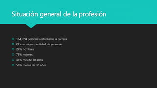 Situación general de la profesión
 164, 094 personas estudiaron la carrera
 27 con mayor cantidad de personas
 24% hombres
 76% mujeres
 44% mas de 30 años
 56% menos de 30 años
 