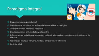 Paradigma integral
 Era posmicrobiana, posindustrial
 Nacimiento de psiquiatría por enfermedades mas allá de lo biológico
 Transformación de naturaleza y sociedad
 Erradicalización de enfermedades y solo control
 Enfermedad por mala higiene, ambiente y huésped, adoptándose posteriormente la infliuencia de
lo social
 Registros de natalidad y muerte, medicina en lo social por influencia
 Crisis de salud
 