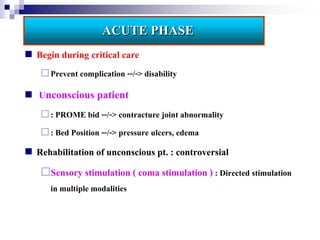 ACUTE PHASE
   Begin during critical care
      Prevent complication --/-> disability

   Unconscious patient
      : PROME bid --/-> contracture joint abnormality
      : Bed Position --/-> pressure ulcers, edema
   Rehabilitation of unconscious pt. : controversial
     Sensory stimulation ( coma stimulation ) : Directed stimulation
       in multiple modalities
 